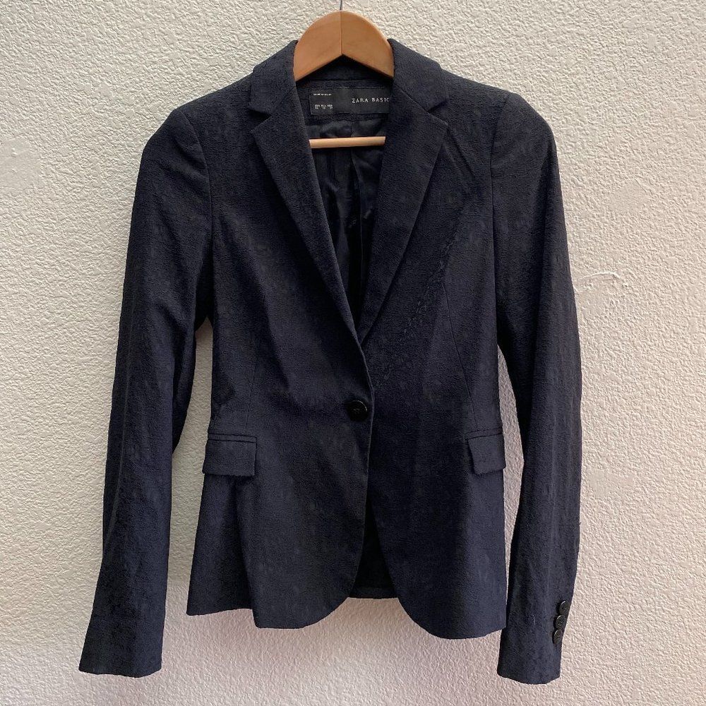Zara Basic One Button Patterned Blazer Jacket Black Color XS Extra Small